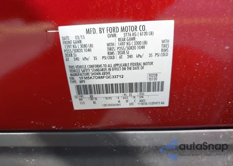 2015 Ford Explorer Xlt из США, поврежденный, VIN 1FM5K7D88FGC33712